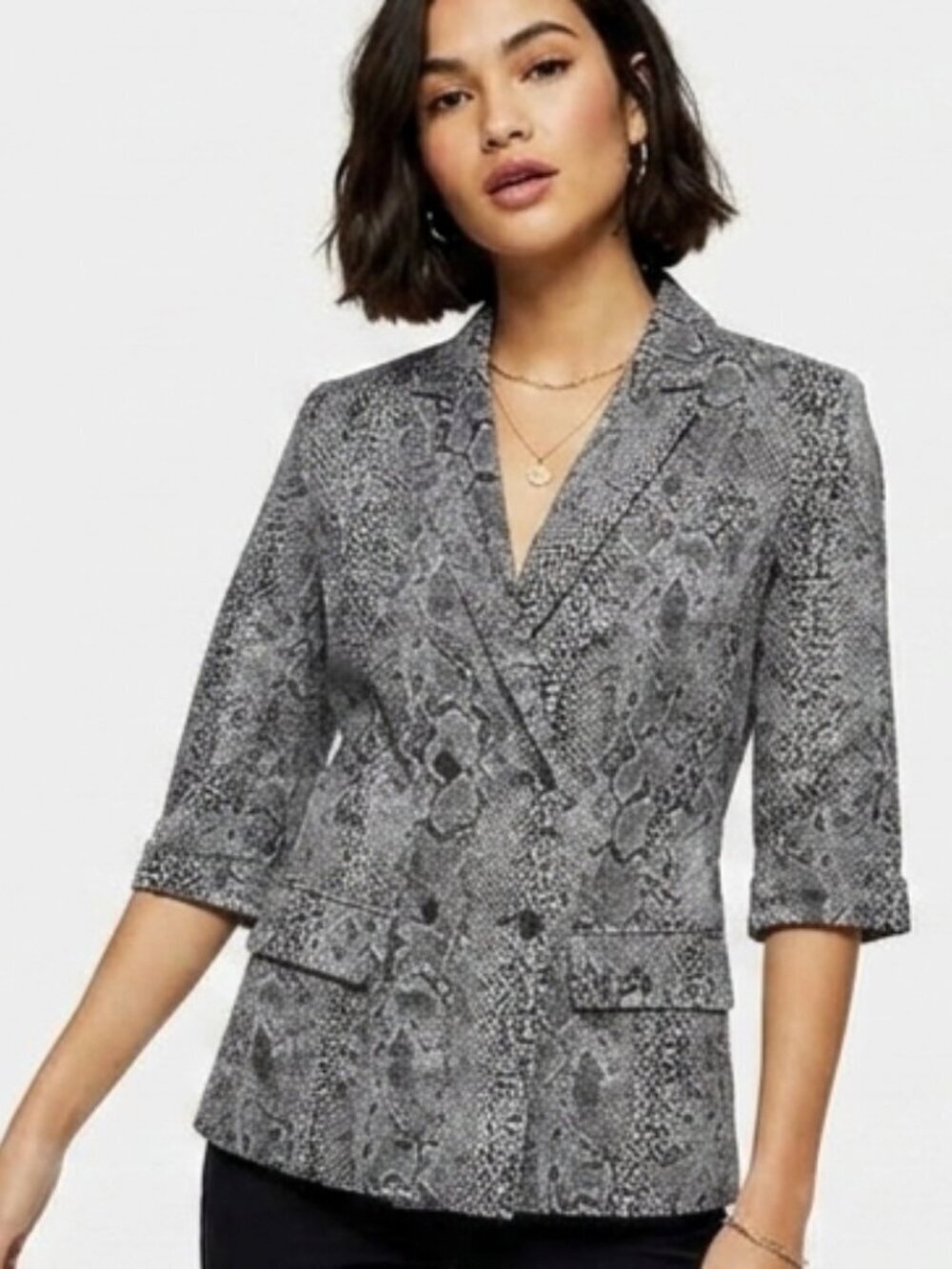 Topshop Blazer Women Black White Snake Double Breasted 1/2 Sleeve Lined SZ4 City